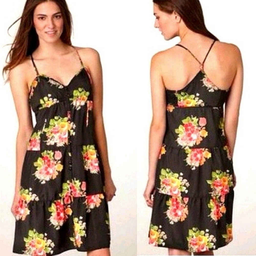 American Eagle Outfitters Black Multicolor Floral Spaghetti Straps Midi Dress.